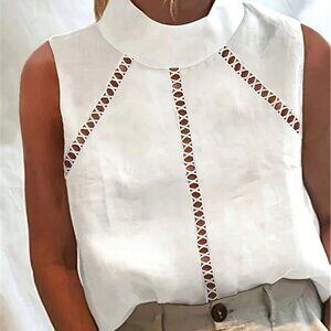 White Elegant Women's High Collar Sleeveless Loose Lace Trim Blouse